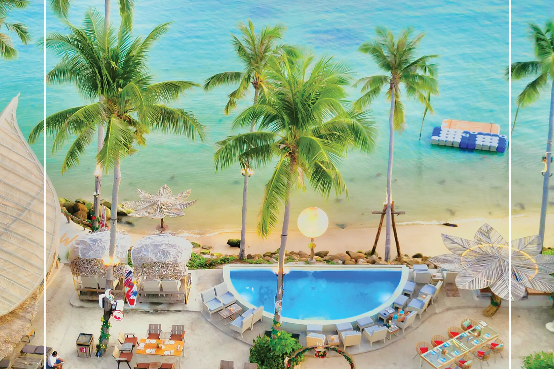 Harmony Beach Club half-moon pool with palms and turquoise sea